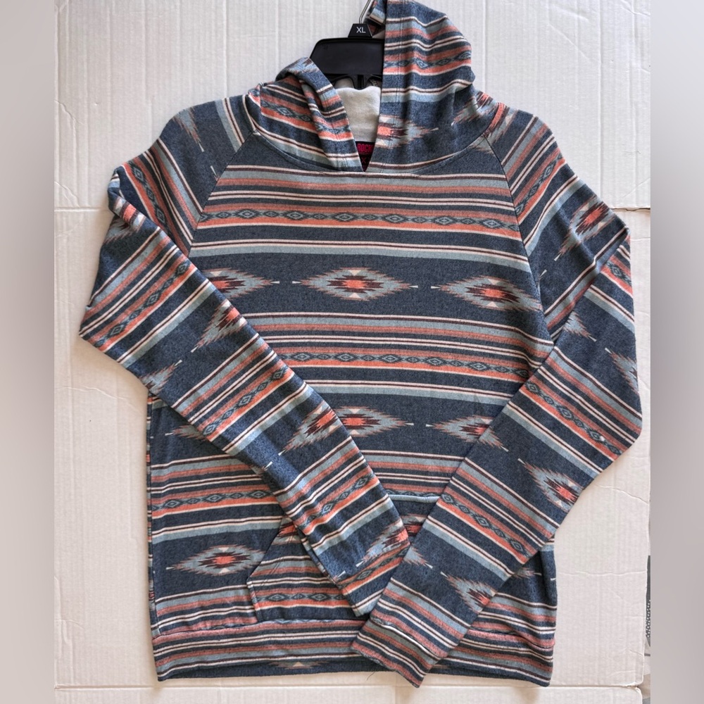 ROCK & ROLL DENIM HOODIE SWEATER AZTEC/WESTERN PRINT. LIGHT PULLOVER SIZE XXL JR